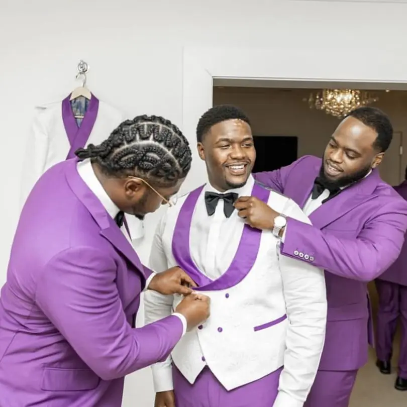 

Men Suits Jacket Slim Fit 3 Pieces Purple Collection Jacquard Print Blazer Vest Pants Wedding Groomsmen Groom Classic Fit Outfit