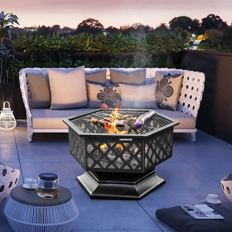 Modern Iron Art Hexagonal Fire Pits Home Creative Garden Heating Stove Brazier Outdoor Grill Stand Bonfire Party Camping Furnace