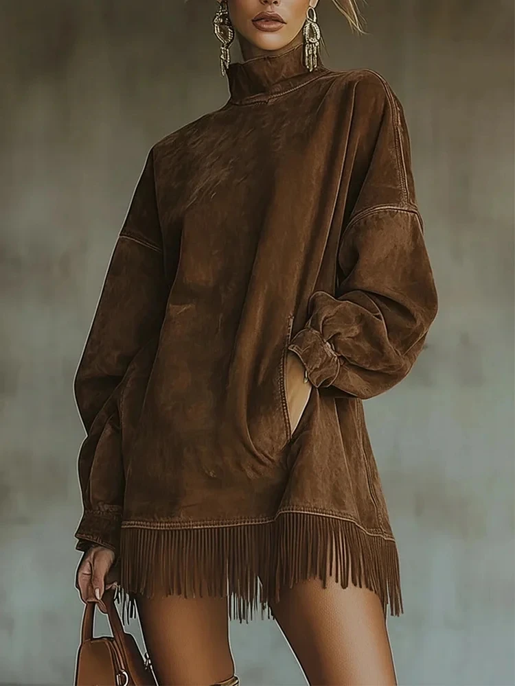 Fashion Retro Suede Tassel Mini Dress High Neck Long Sleeve Pockets Fringe Hem Dress Army Green Brown Autumn Party Dress