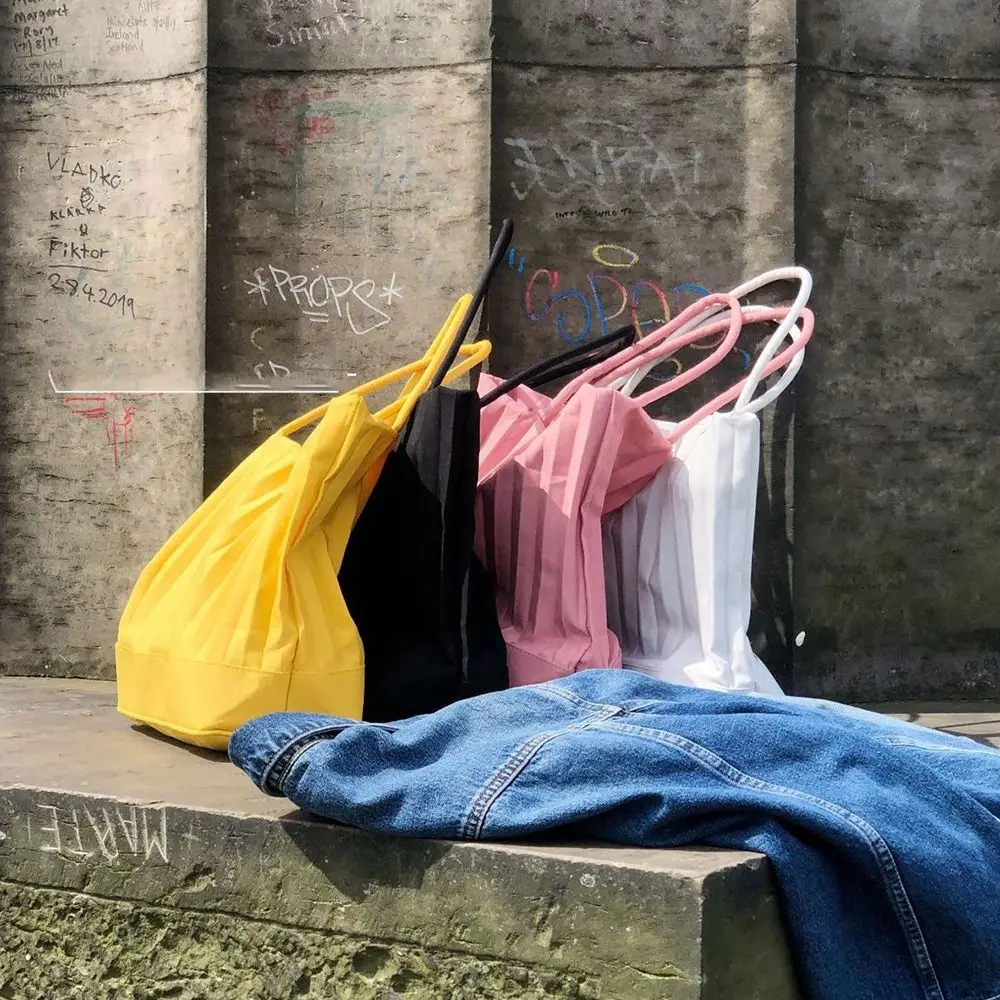 Korean Style Pleated Bucket Bag Fashionable Niche Design Silk Tote Bag Solid Color Office Worker