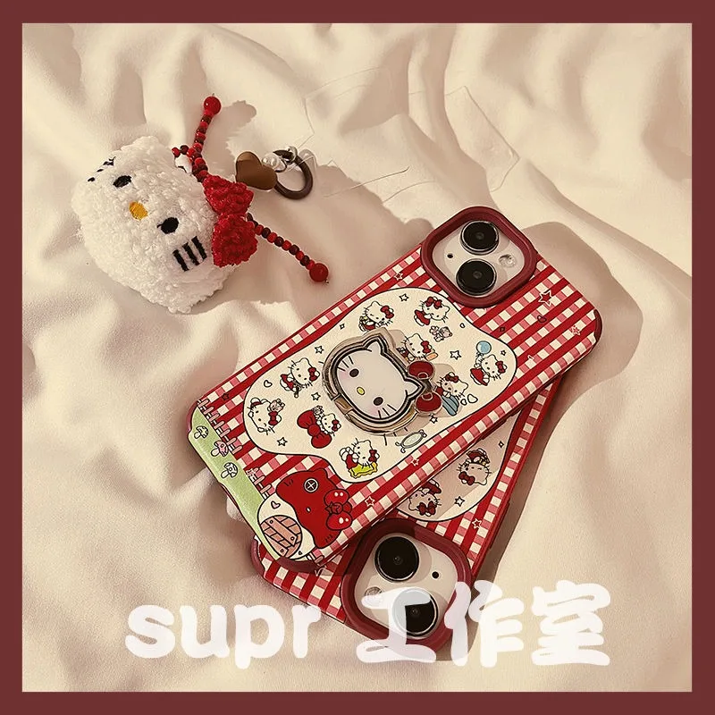 

Kawaii Sanrio Anime Hello Kitty TPU Phone Case Cute Cartoon Lovely Red Grid Pendant Holder Fall-proof All-inclusiveI for Girls