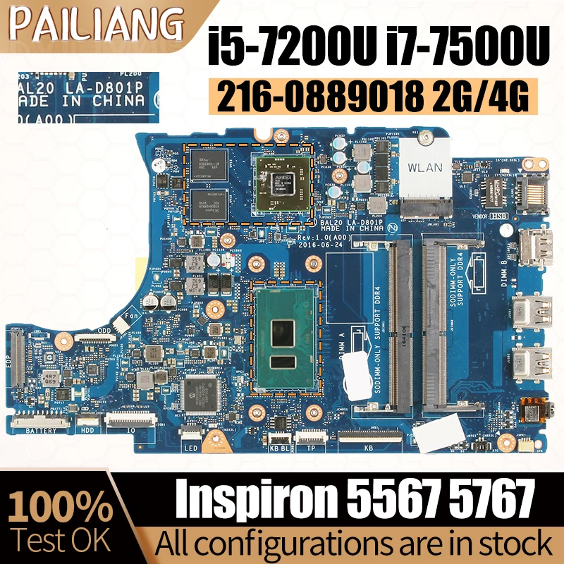 Laptop Motherboard LA-D801P For Dell Inspiron 5567 5767 Notebook i5-7200U i7-7500U 216-0889018 2/4G