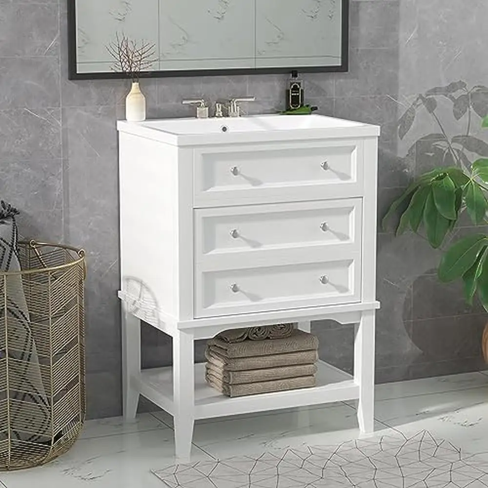 Description Picture 2 of item24" White Bathroom Vanity Set with Ceramic Sink Drawer Open Shelf Freestanding Cabinet Storage