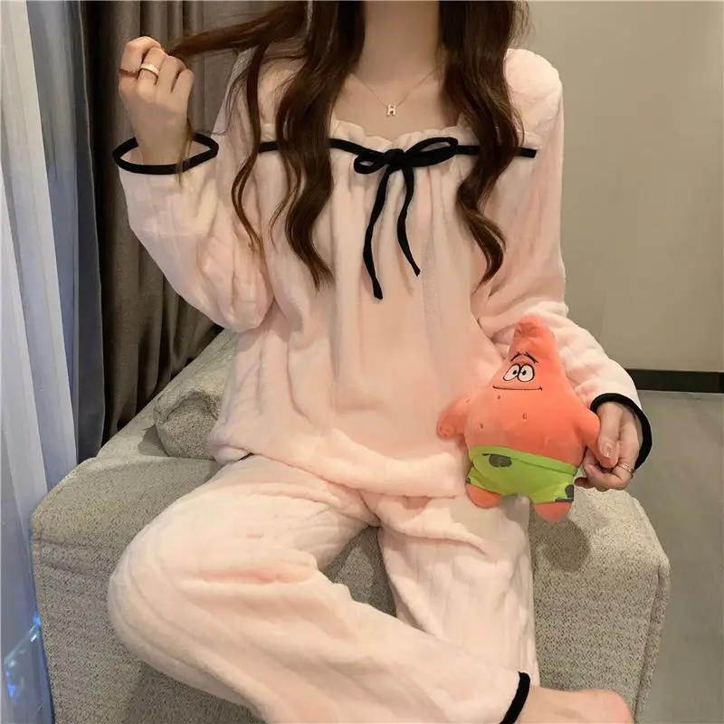 Square Collar Women Pajamas Set Winter Sleepwear Fleece Velvet 2 Piece Pant Home Suit Fluffy Korean Solid Piiama Warm Night Wear