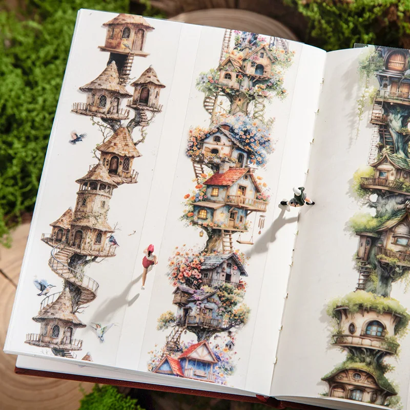 1롤/2롤 트리 하우스 테마 심리스 PET 테이프 판타지 캐빈 시리즈 저널 DIY 배경 재료 4가지 스타일