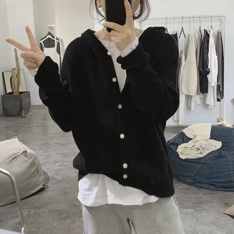 여성용 후드 가디건, 단색 뜨게 싱글 브레스티드, 긴팔 여성 의류, 직송 XY135979