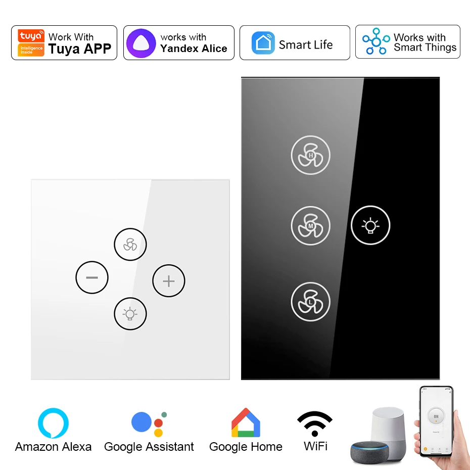

CBE Tuya Smart Wifi Fan Light Switch EU/US Ceiling Fan Lamp Touch Wall Switches Remote Various Speed Control Alexa Google Home