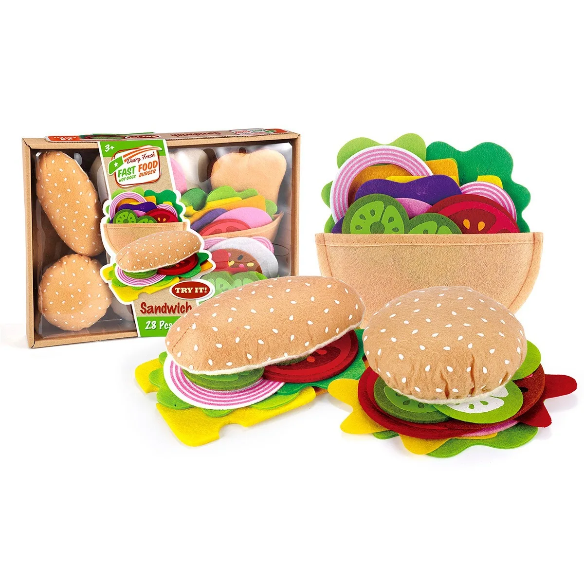 28pcs Hamburger Toy Set with Felt Cloth DIY Simulation Food Hamburger Sandwich Hot Dog and Pretend Play Game Simulated Kitchen