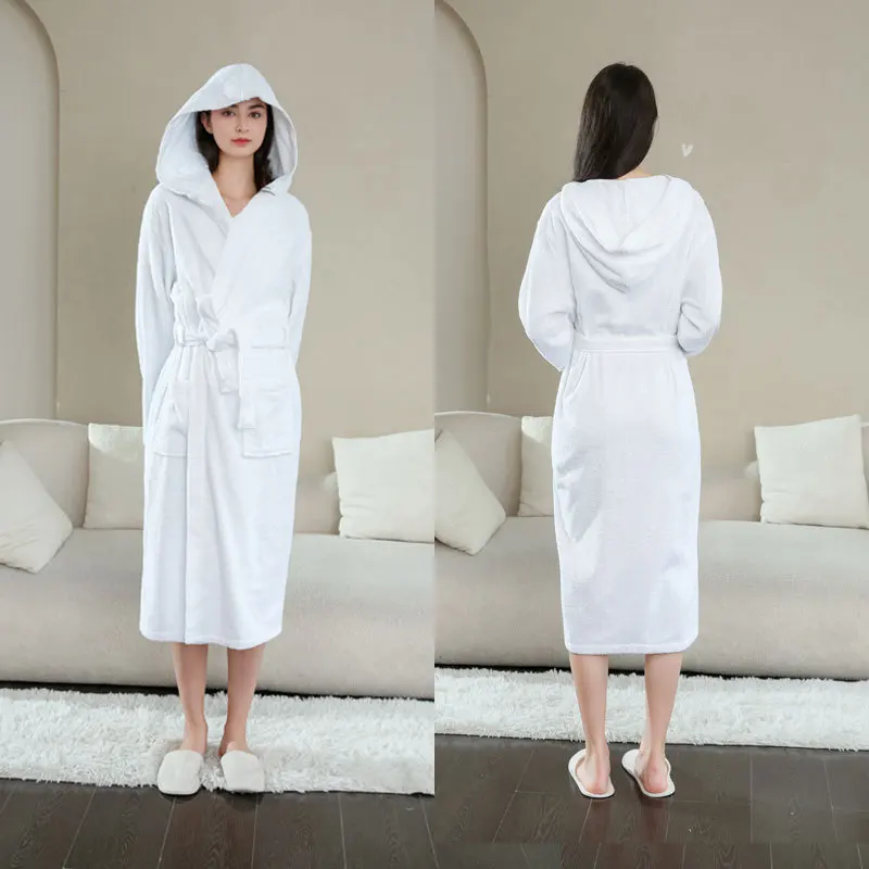 2023 New Solid Robe Hooded Women Lace Up Winter Fashion Causal Home Bathrobe Long Sleeve Men Couple Sleepwear Pajamas