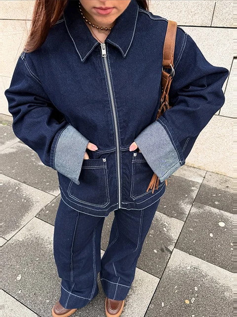 Fashion Denim Jacket Set Women Lapel Single Breasted Long Sleeve Coat Straight Jeans Pants 2025 Spring Lady High Street Outfits 3