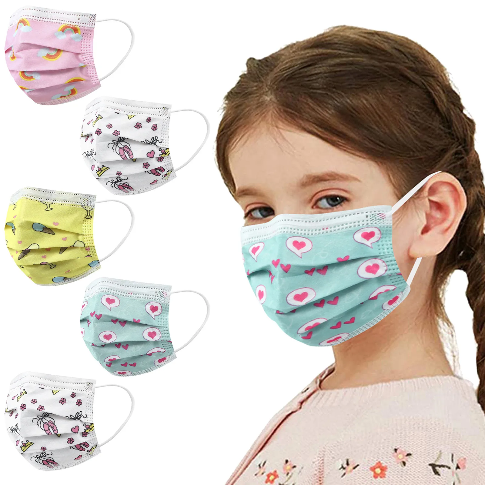 50pc Kids Children's Mask Disposable Face Mask Industrial 3ply Ear Loop Disposable Mouth Covers