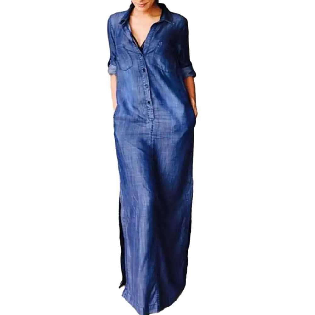 

Женское джинсовое платье с разрезом на подоле, однобортное богемное платье-макси из денима с отложным воротником, длиной до щиколотки, большие размеры