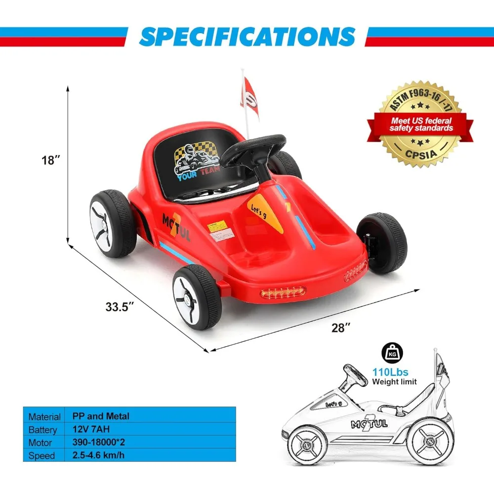 Kids Ride On Car, 12V7AH Battery Powered Electric Cars for Kids, Ride On Toy with Remote Control, Flag, Music, Lights, Red