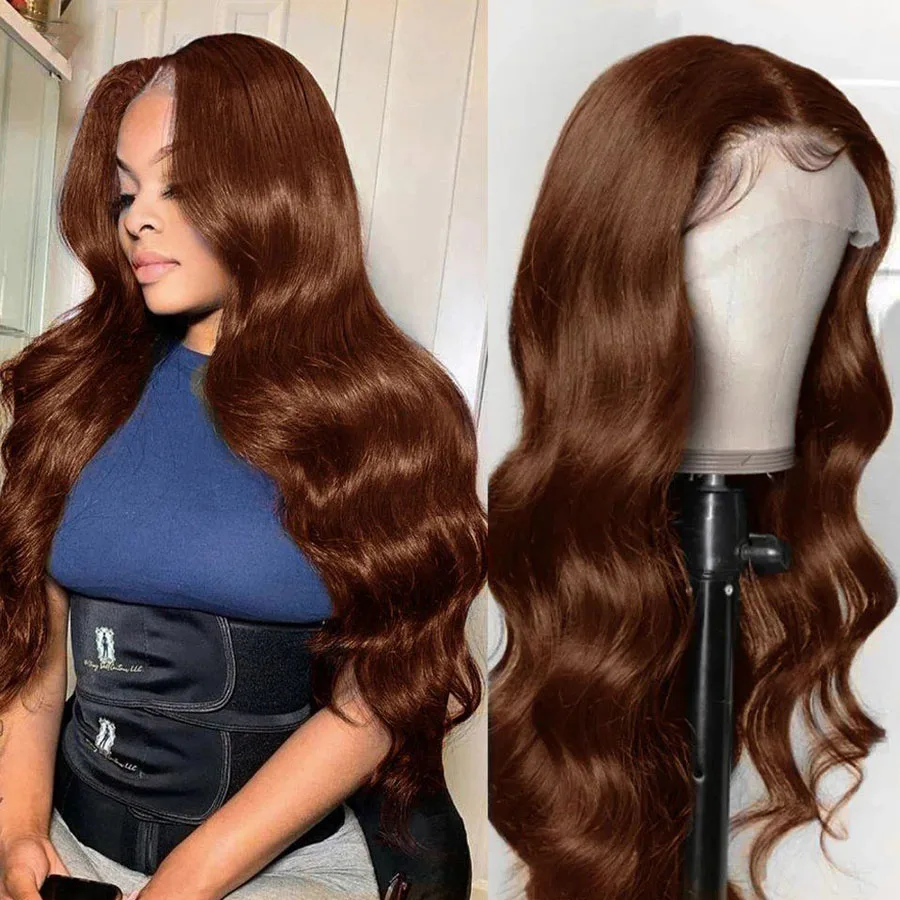 

4# Chocolate Brown 13x4 Transparent Lace Front Wigs Boby Wave Human Hair Wig For Women Pre Plucked 250% Density Auburn Color Wig