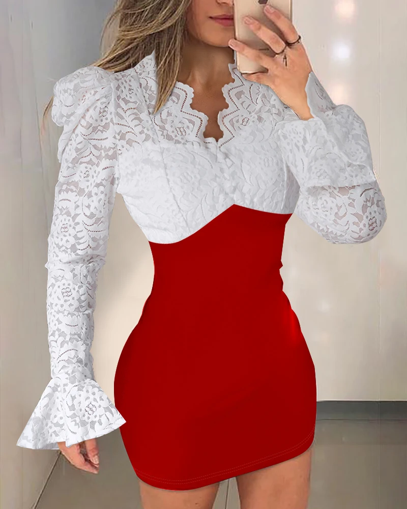

Autumn Winter Women Colorblock Contrast Lace Bell Sleeve Bodycon Dress Female Party Wear Slim Fit Long Sleeve Dress Vestidos