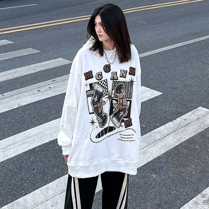 

Baggy Hip Hop Tops Hoodies Text Female Clothes Hooded Sweatshirts for Women Black Loose Graphic Letter Printing White Kpop Emo M