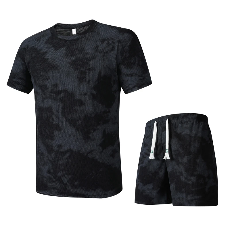 Summer Mens Sports 2 pieces Sets Corduroy Quick Dry Suit Casual Running Tracksuit Gym Fitness Set T Shirts Shorts Men Sportswear 2