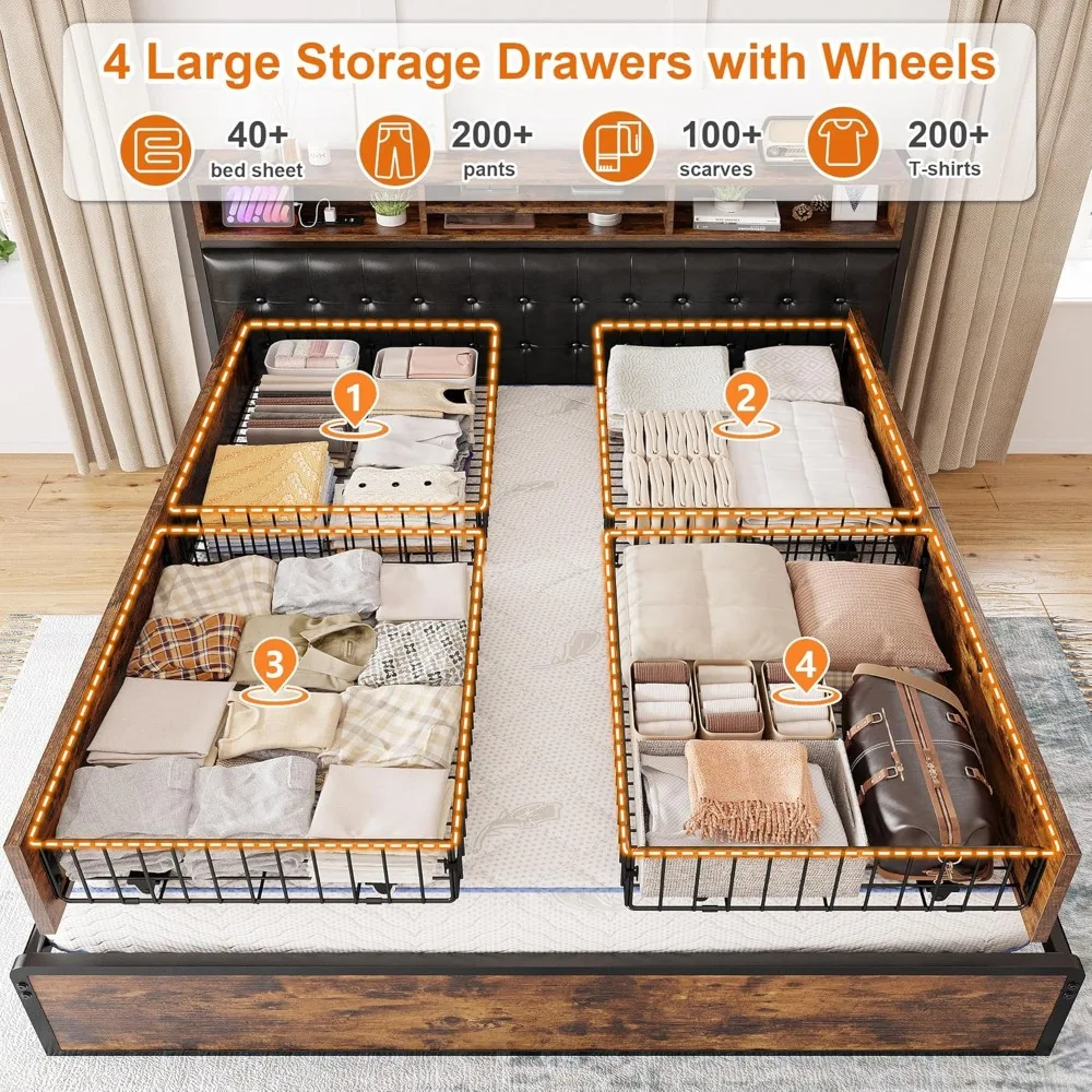 Queen Bed Frame with 4 Storage Drawers and Upholstered Headboard Meal Bed Frame Queen Size Built in Charging Station,Noise Free 3