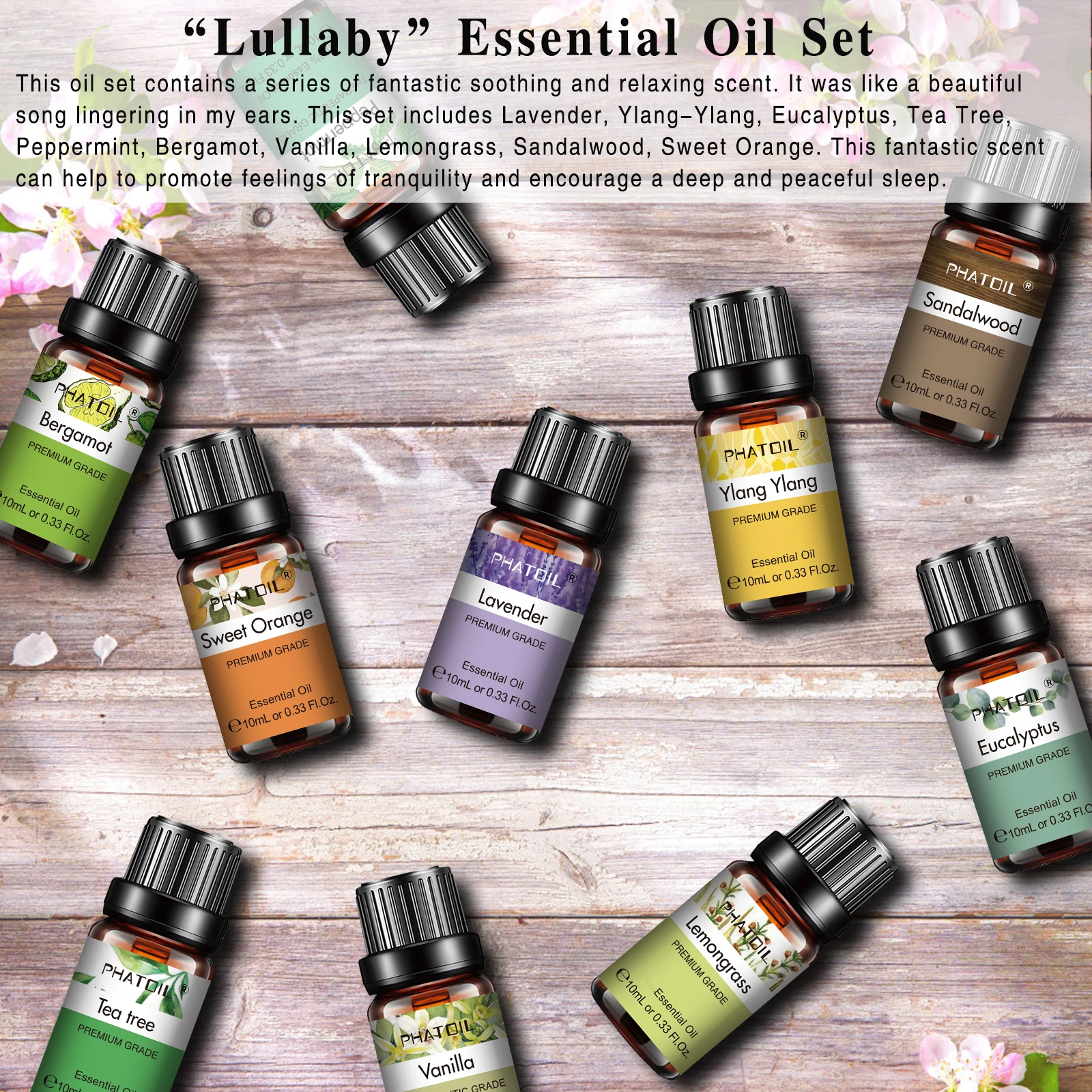 PHATOIL Aromatherapy Bliss: Essential Oil Collection - Lavender, Eucalyptus, Bergamot, Vanilla, Sandalwood, Tea Tree (10ml Each)
