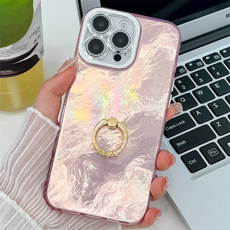 Étui de téléphone pliable avec anneau en aluminium pour iPhone 16 Plus 15 14 13 Pro Max, protection de caméra à paillettes, coque arrière rigide antichoc en PC_voghion.com