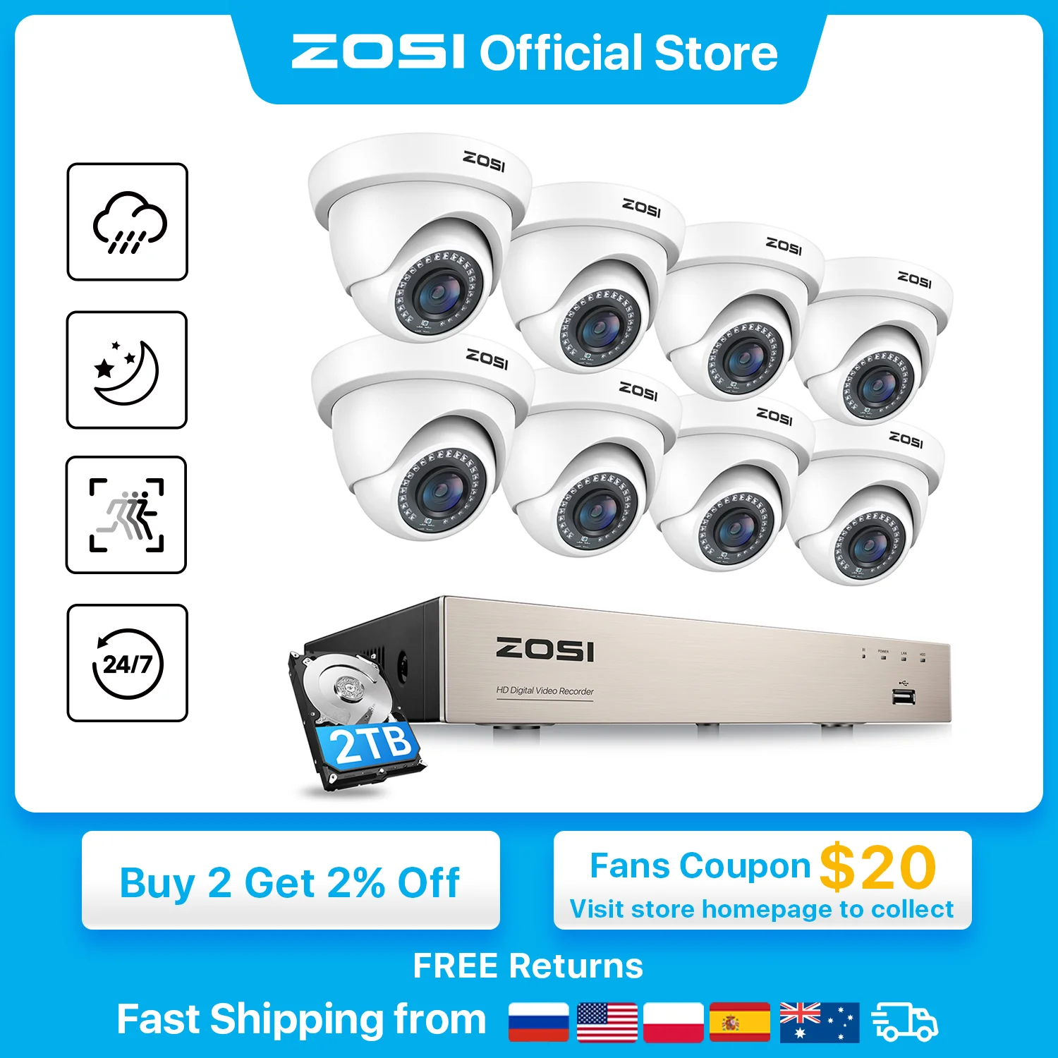 

ZOSI 8CH 1080P Security Camera System H.265+ 8CH 5MP Lite HD CCTV DVR Recorder 8pcs 2MP Indoor/Outdoor Dome Surveillance Cameras