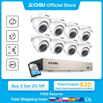 ZOSI-8CH 1080P 보안 카메라 시스템, H.265 + 8CH 5MP Lite HD CCTV DVR 레코더, 8 개, 2MP, 실내/실외 돔 감시 카메라