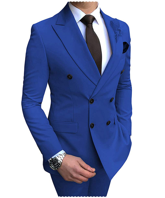2024 New Beige Men's Suit 2 Pieces Double Breasted Notch Lapel Flat Slim Fit Casual Tuxedos For Wedding(Blazer+Pants) - Blue, M