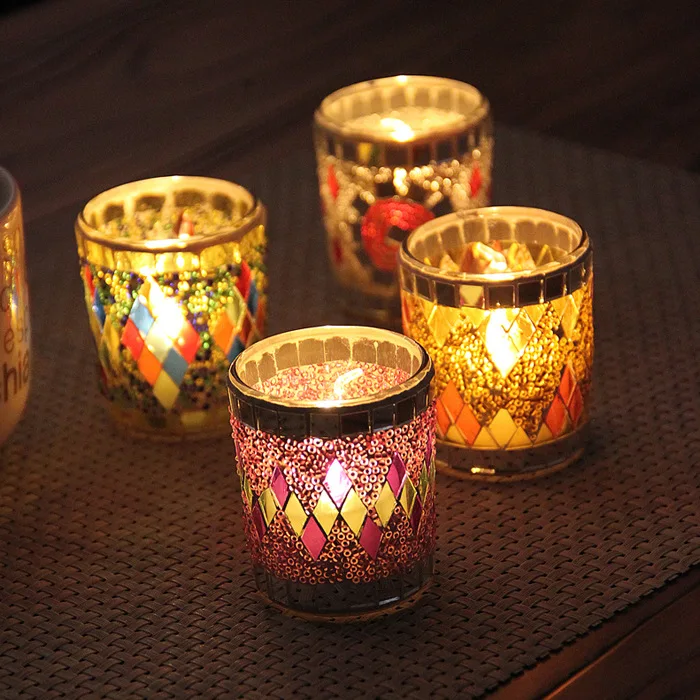 Euro Colorful Mosaic Candle Holder Cafe Home Table Dinner Decorative Candlestick Wedding Christmas Supply Candle Cup 6.2cm*5.2cm candle holders