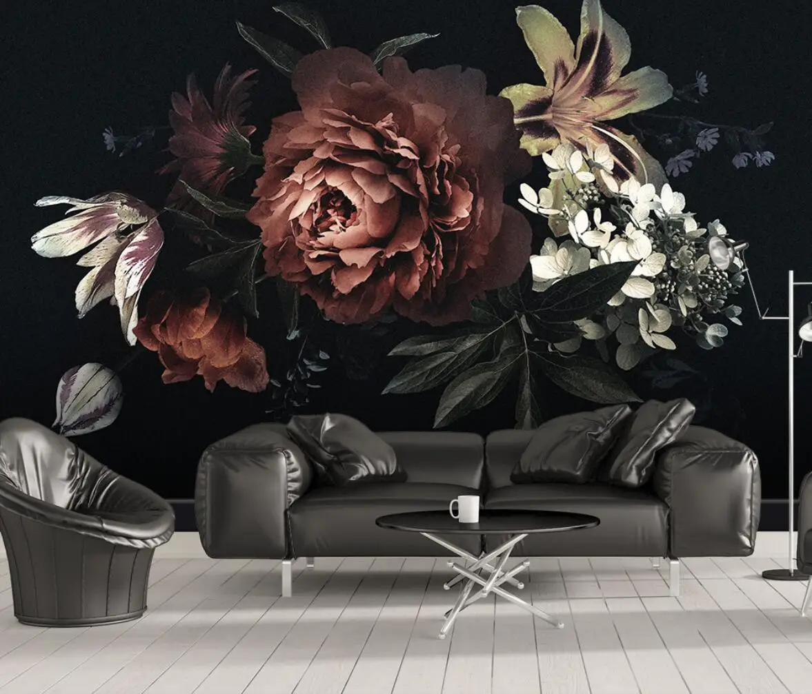 

custom Vintage Black Peony Lily Mural Wallpaper forLiving Room Restaurant Creative Backdrop Wall Covering wall papers Home Decor