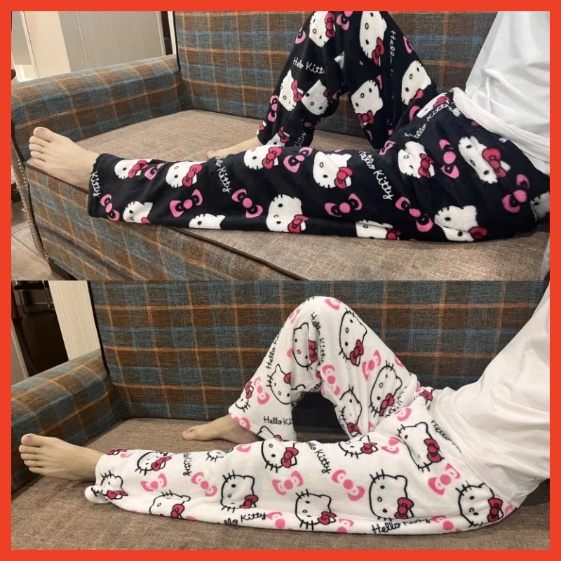 

Anime Sanrio Hello Kitty Pajamas Black Flannel Women Kawaii Woolen White Cartoon Casual Home Pants Autumn Fashion Home clothing