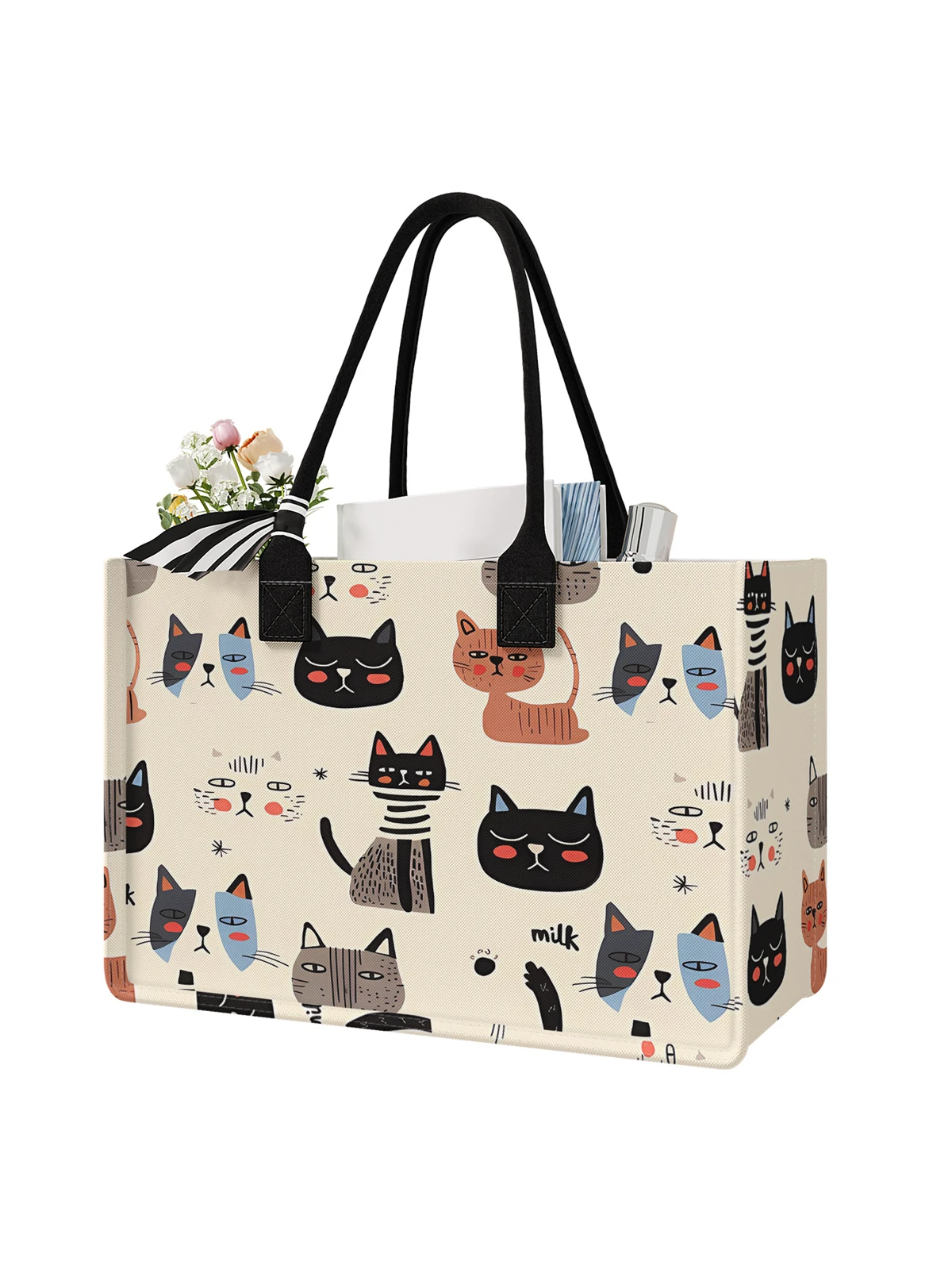 Cartoon cat pattern printed handbag, women's gift handbag, beach bag, suitable for large capacity handbags for men and women