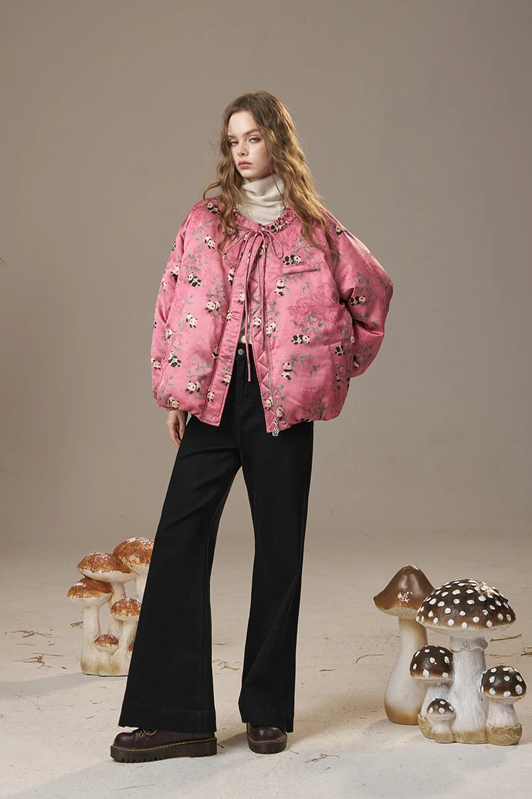 ELFSACK Women's Pink Panda Puffer Jacket with Drawstring, Warm Quilted Winter Coat, Cute Floral Print, Casual Street Style