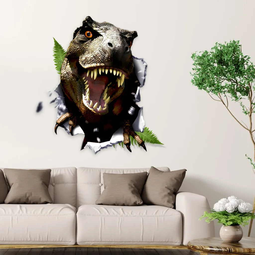 C27# 3D Dinosaur Broken Wall Sticker Kids Room Background Home Decoration Mural Living Room Wallpaper Funny Decal