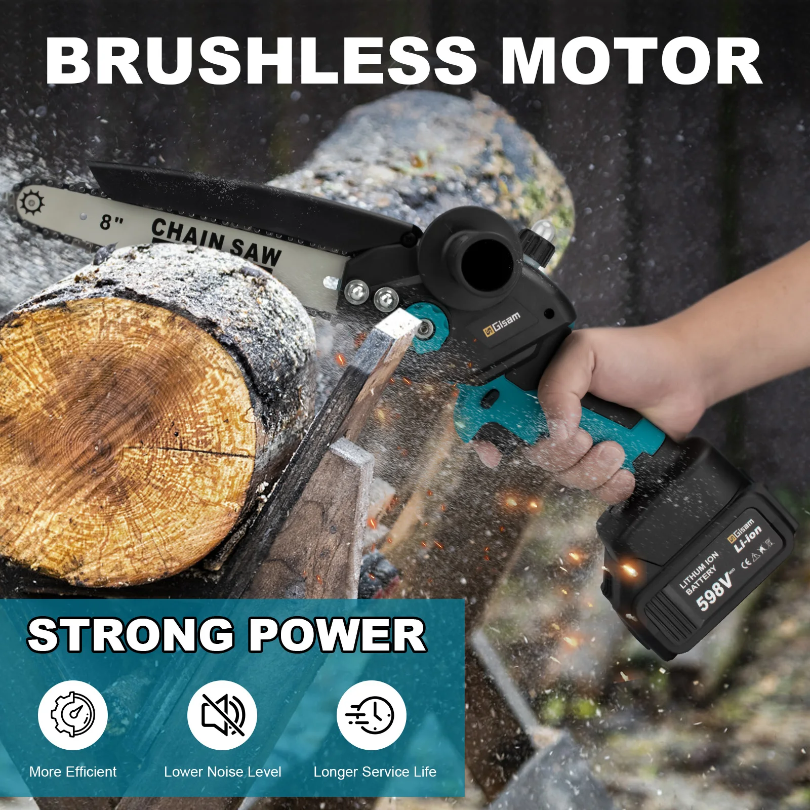 Gisam 8 Inch Brushless Chain Saw with Oil Can Cordless Handheld Pruning Chainsaw Woodworking Electric Saw Cutting Power Tools 2
