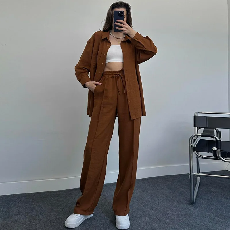 Streetwear Long Sleeve Women Suits Purple Spring Shirts Pleated Wide Leg Pants Sets Loose Trousers Casual Outfits Y2K Clothes