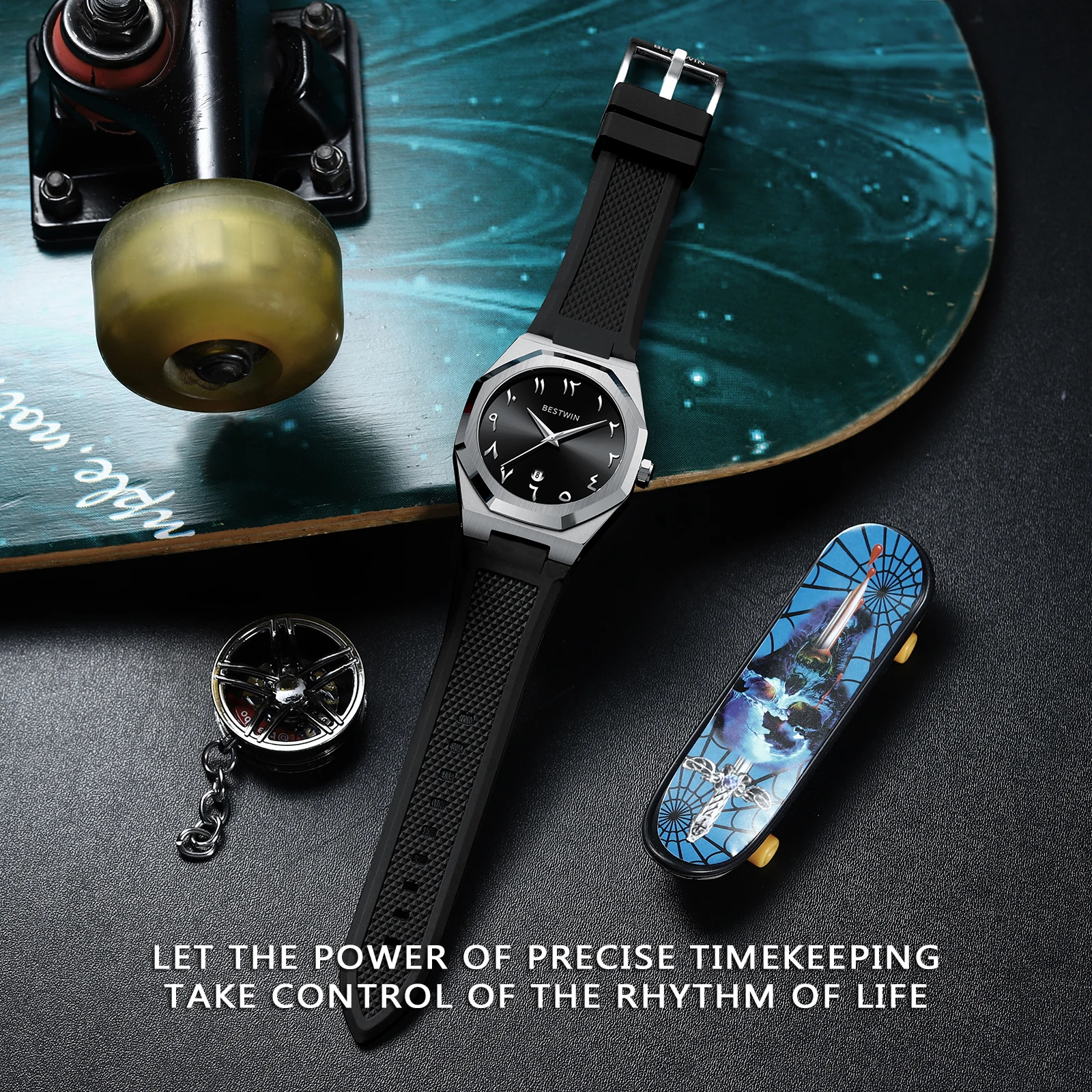 BESTWIN Fashion Luxury Arabic Men's Quartz Watch Business Casual Silicone Strap Mens Wristwatch Family Friends Birthday Gifts