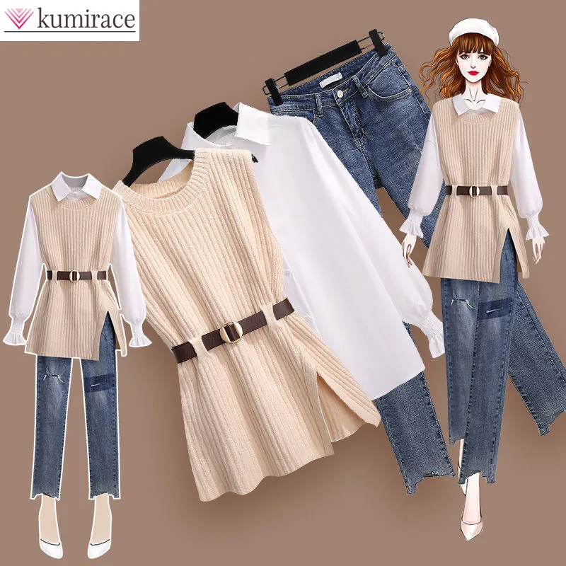 2024 Autumn Increased Size Korean Popular Chiffon Shirt Knitted Sweater Jeans Three Piece Elegant Women's Pants Set Tracksuit 7inch 50pin lcd screen pq v h07050a3fpc1 00 size 163 97mm 164x103mm 165x100mm three kinds of size can choose lcd screen