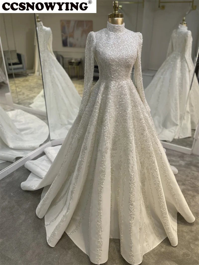 Luxury Satin Appliques Wedding Dress for Bride Long Sleeve High Neck Dubai Arabic Hijab Muslim Bride Gown Vestidos De Novia 3