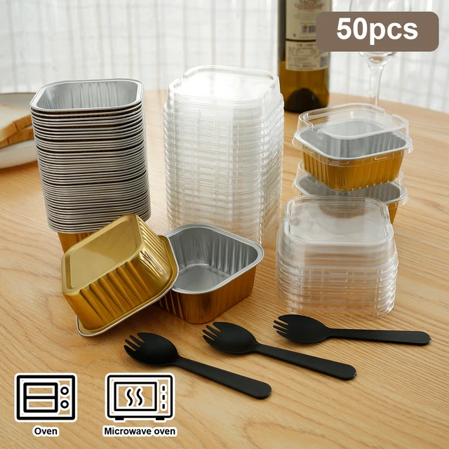 50 Pcs Mini Square Baking Cups with Lids,5oz Aluminum Foil Mini Cake Pans  with Lids,Disposable Ramekins Cake Pans,150ml Dessert Cups Cupcake Pans for