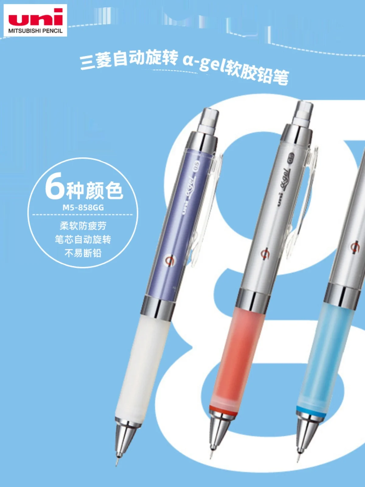 Japan Uni Mechanical Pencil,Kuru Toga M5-858GG Soft grip Automatic rotating activity pencil 0.5 Constant Core aesthetic statione 6