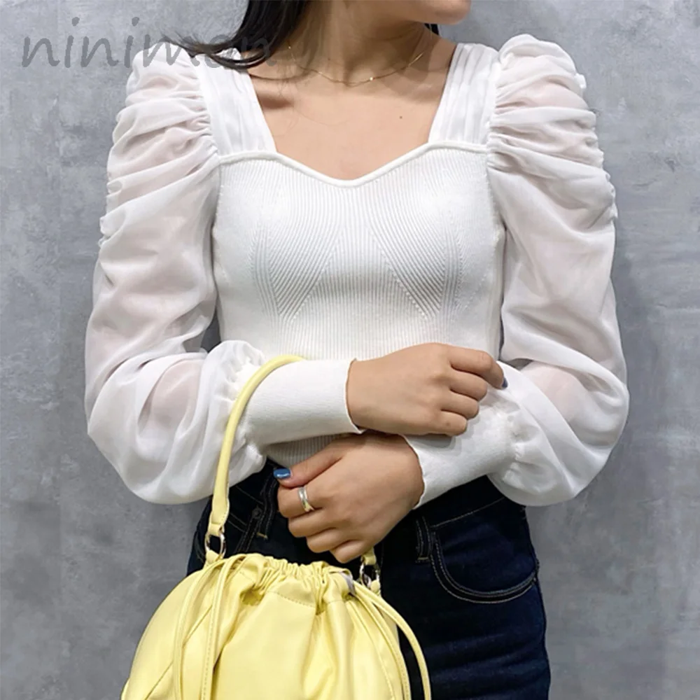 

NINIMON Puff Sleeves Chiffon Patchwork Blouses 2023 Spring New Knitted Pullover Square Neck Shirts Temperament Tops Offce Lady