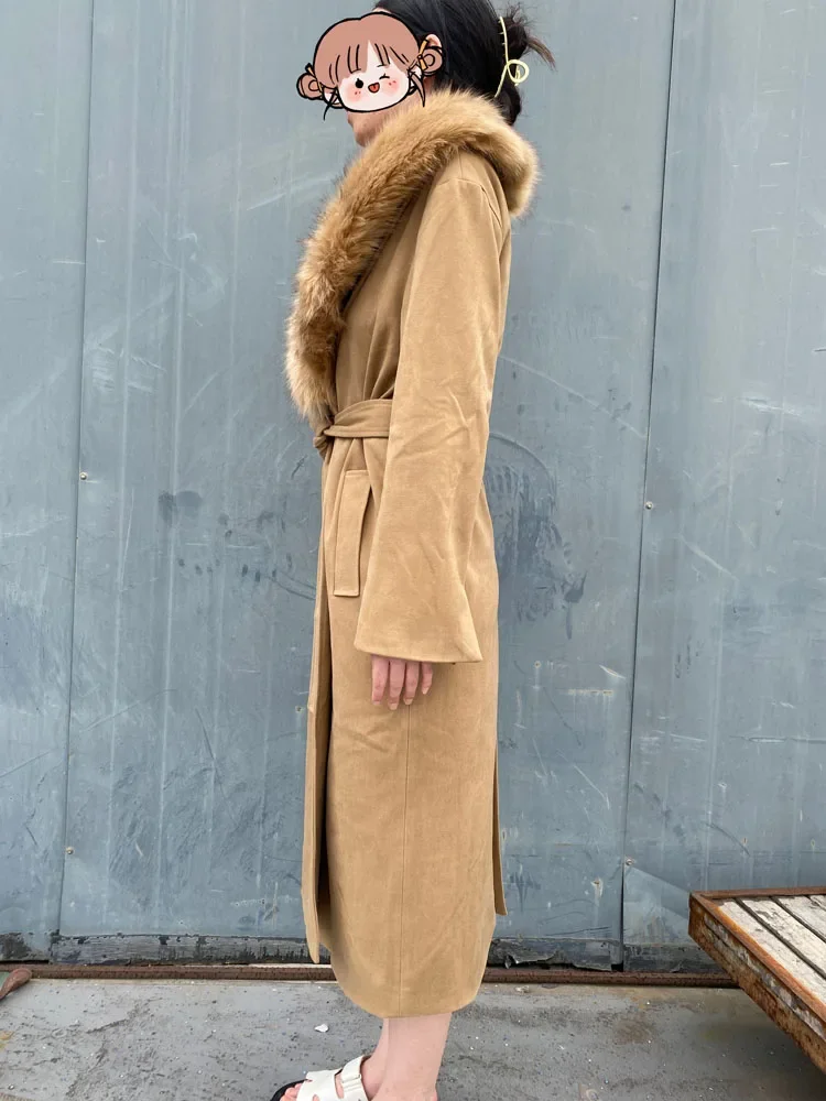 RR1534 Detached Big Fake Fur Collar Wool Blends Coats Womens X