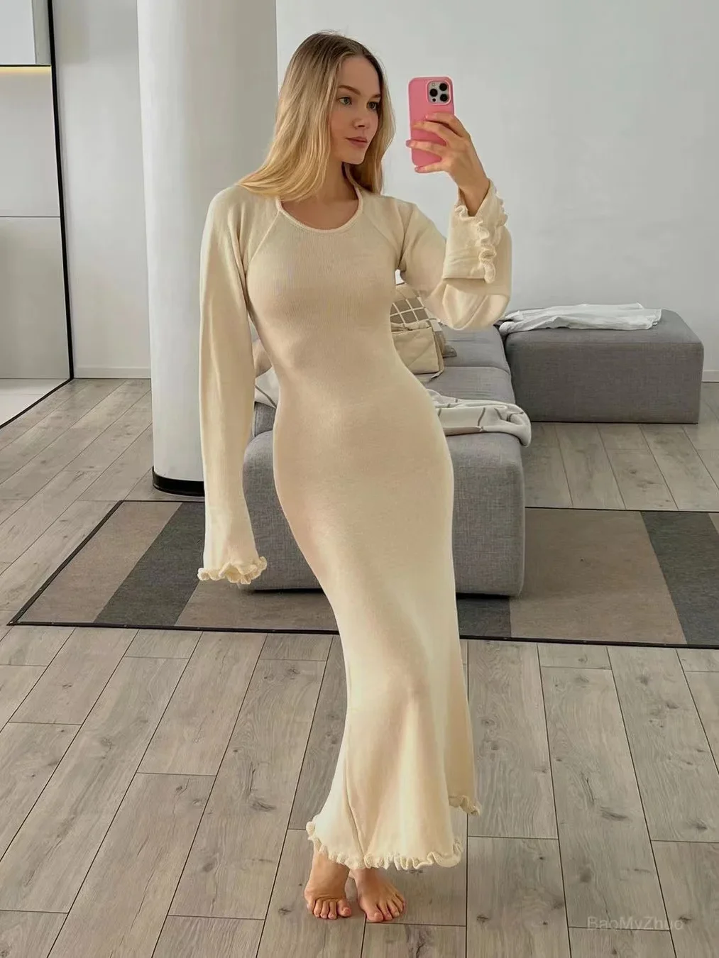 

2024 Sexy Solid Women Ribbed Knit Ruffle Trim Long Dress Long Sleeve Bodycon Party Cocktail Dress Flare Summer Beach Cover Up