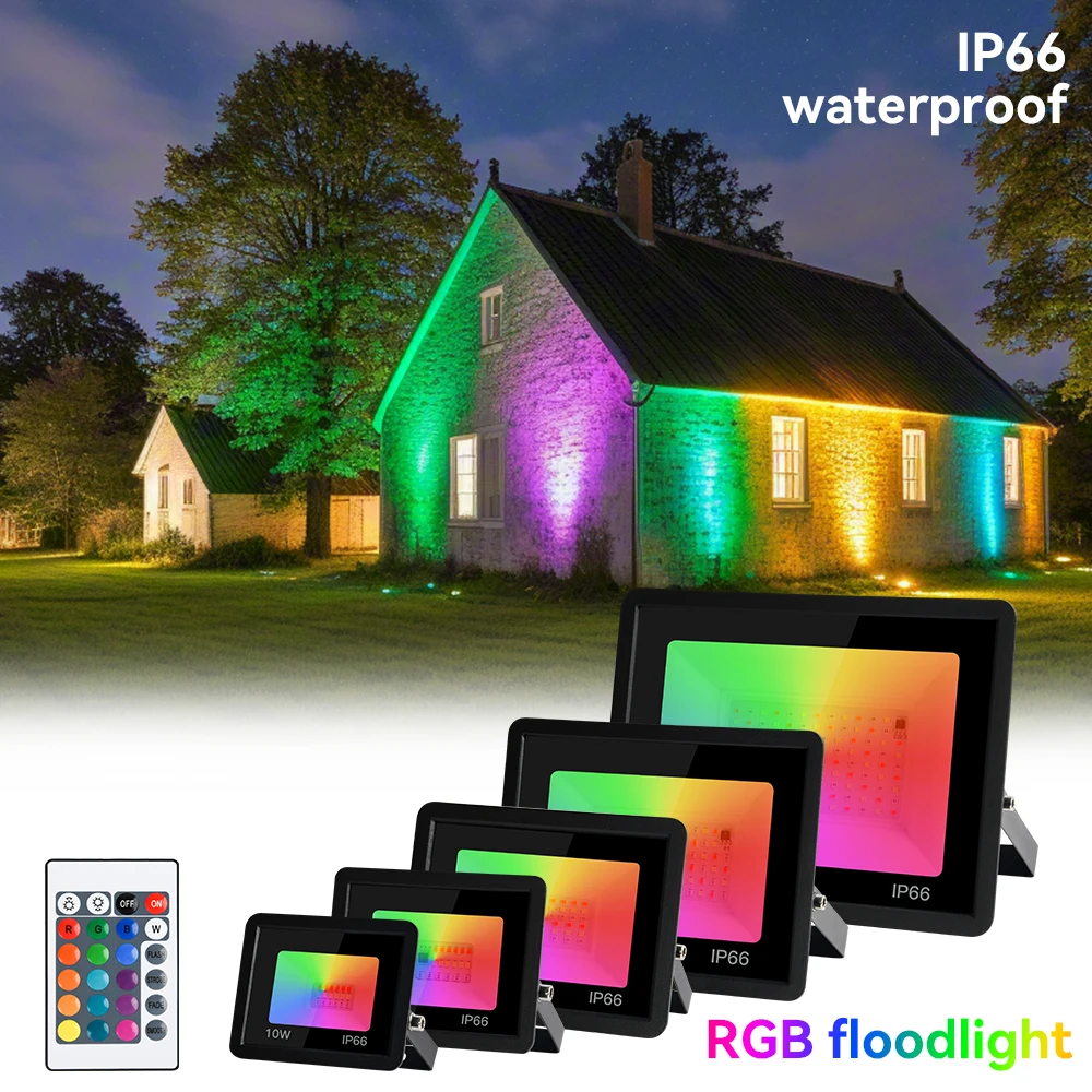 RGB Flood Light 100W 50W 30W 20W 10W RGB Reflector IP66 Waterproof LED Spotlight 220V Projector Lamp Outdoor Garden Lighting