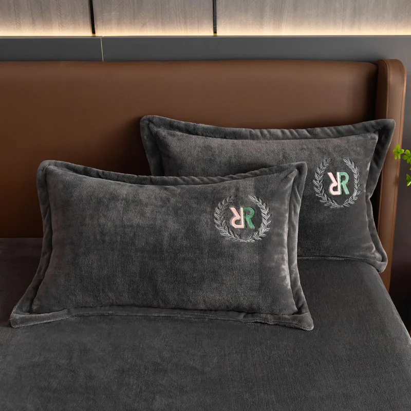 3pcs Flannel Solid Color Fitted Sheet Set Bedroom Colorful Letter Embroidery Bed Covers Children Autumn Winter Warm Grey Bedding 4