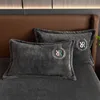3pcs Flannel Solid Color Fitted Sheet Set Bedroom Colorful Letter Embroidery Bed Covers Children Autumn Winter Warm Grey Bedding 4