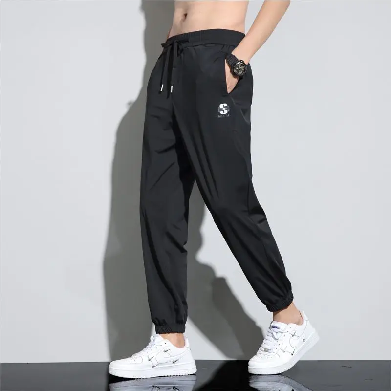 Men's Ultra-thin Ice Silk Pants Trendy Brand Loose Trousers Sports Quick Drying 2023 Summer Thin Elastic Cropped Casual Pants