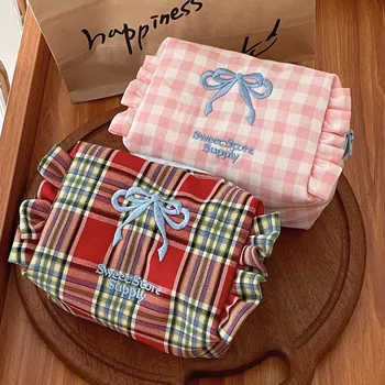 Borsa portaoggetti ricamata a quadri con fiocco, portamonete arricciato, graziosa borsa da toilette portatile per studenti, organizer cosmetico da viaggio quotidiano
