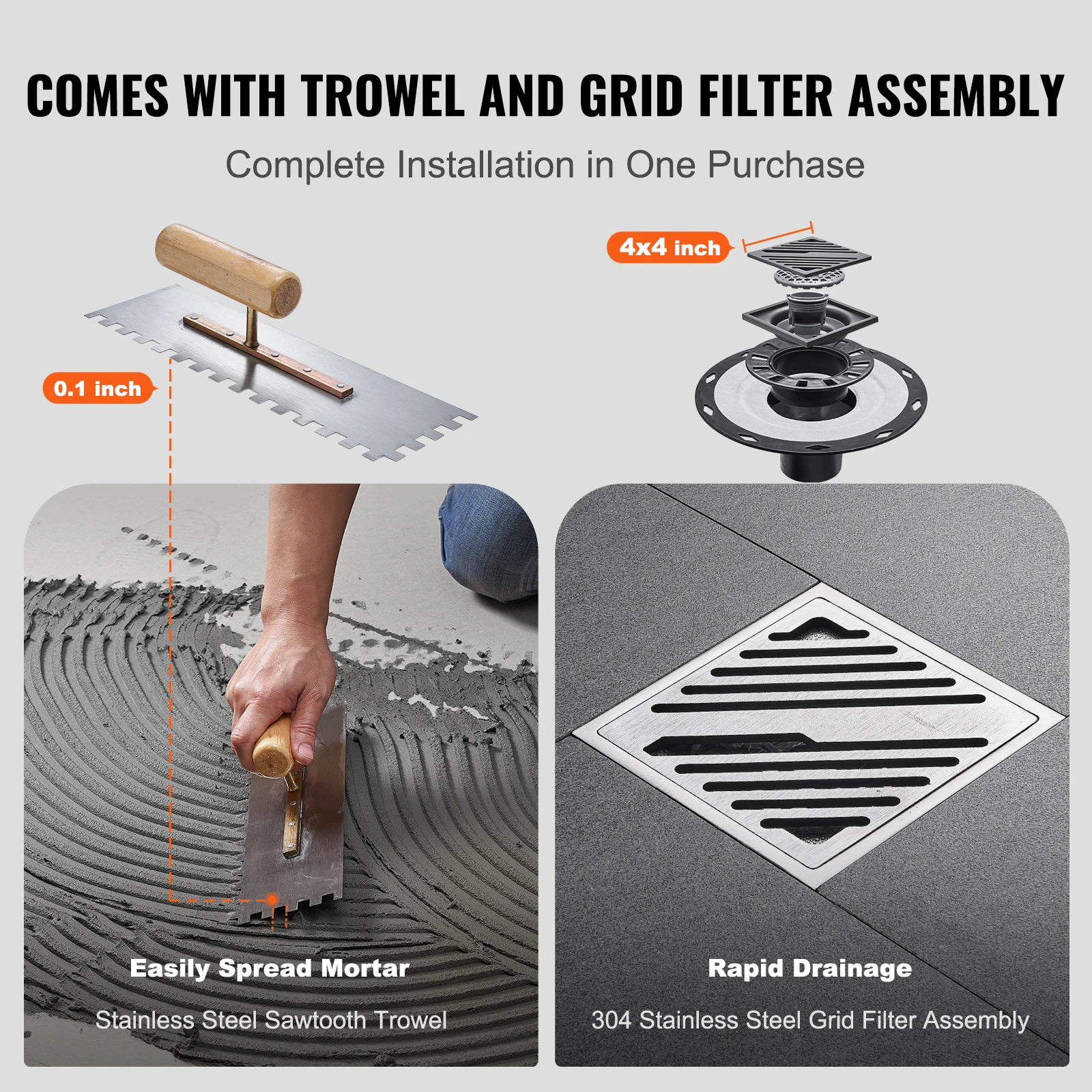 VEVOR Shower Curb Kit Pan Kit Flange Waterproof Membrane Stainless Steel Grate Joint Sealant Pan Slope Sticks Fit for Bathroom