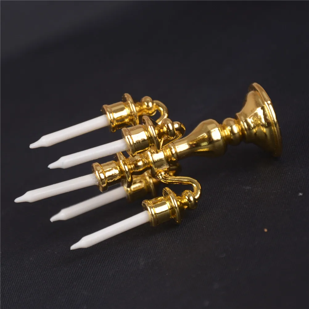 1:12 Scale Dollhouse Miniature Mini Gold Candelabra Furniture Metal Candleholder Candlesticks Model DIY Kitchen Pretend Toys 4